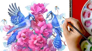 Roses & Blue Jays 🌹 Watercolor Painting Process [ Start to Finish ]