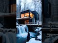 Modern House Over A Frozen Waterfall Breathtaking Winter Architecture In The Forest Modern House Over A Frozen Waterfall Breathtaking Winter Architecture In The Forest