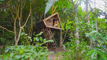 Young Girl Builds a Bushcraft Treehouse in Rainy Forest - A Frame Cabin, Bushcraft Survival