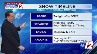 WPRI 12 Weather Forecast for 12/31/25:  Snow develops tonight
