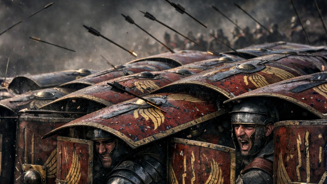 TESTUDO: formacja obronna ARMII RZYMSKIEJ posuwającej się naprzód pod gradem strzał