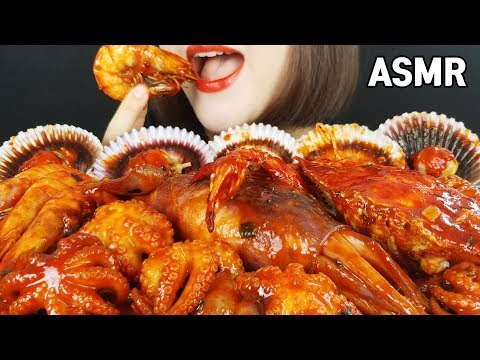 ASMR острые морепродукты (креветки, осьминоги, крабы, морские гребешки, кальмары, грибы эноки)