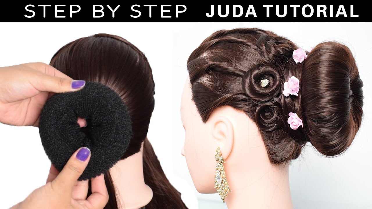 Step By Step Juda/Bun hairstyle with saree or lehenga - Bun hairstyle with  saree | lehenga hairstyle - YouTube