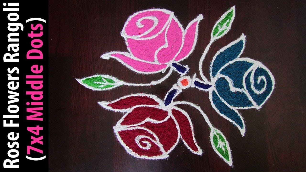 Rose Flowers Rangoli Design For Holi Festival 7x4 Middle Dots Kolam For Beginners Youtube Rangoli Designs Rangoli With Dots Simple Rangoli