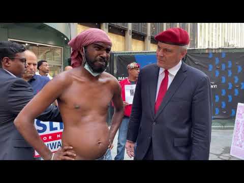 A homeless man speaks about his plight during a press conference in front of Penn Station