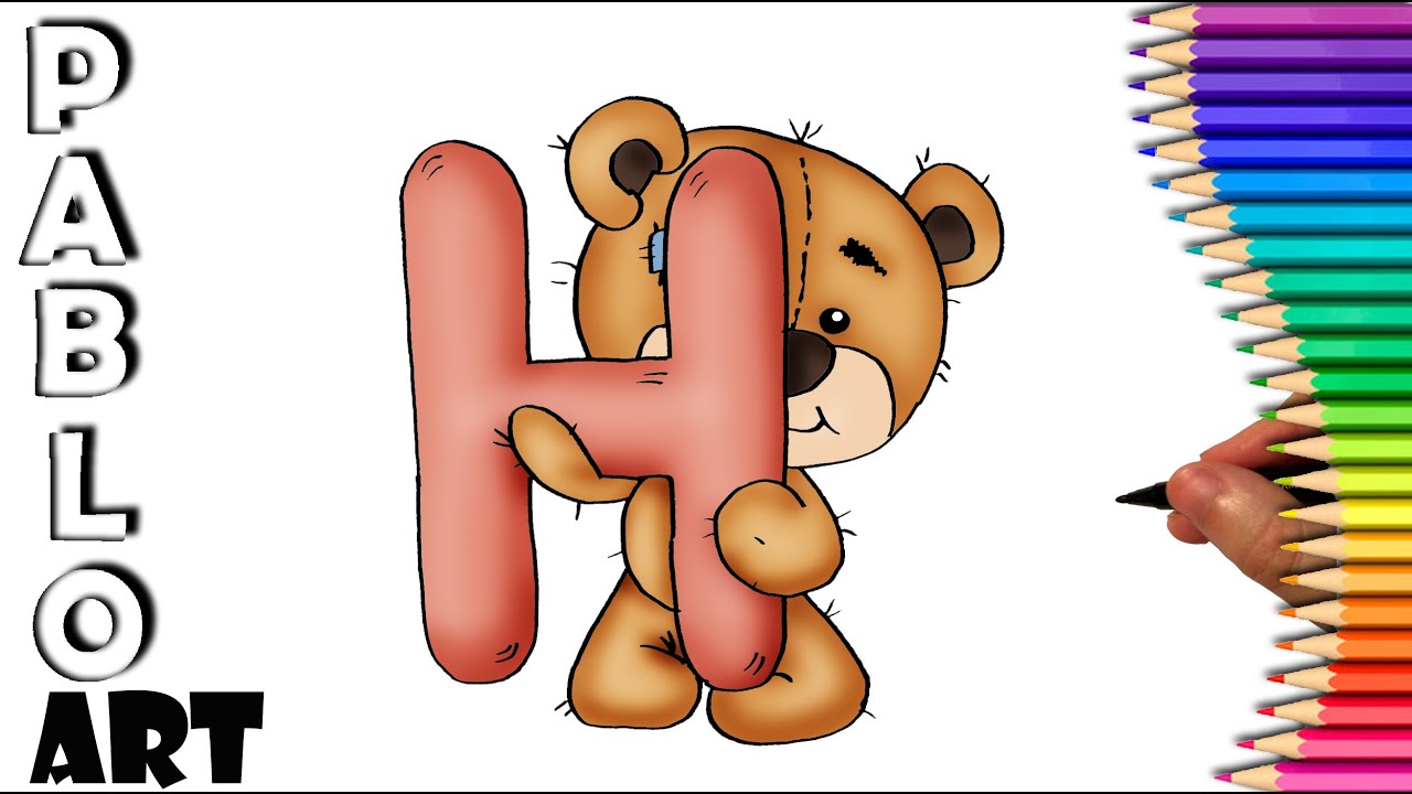 How to Draw letter H hold by Teddy bear Learn to Draw step by step