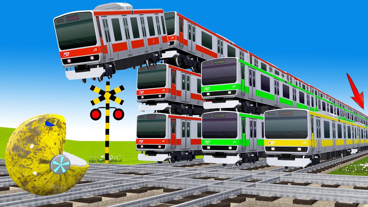 ⁣【踏切アニメ】あぶない電車 TRAIN Vs MS PACMAN 🚦 踏切 Fumikiri 3D Railroad Crossing Animation