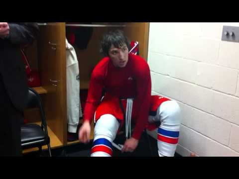 Alex Ovechkin prepares for media after team practi...