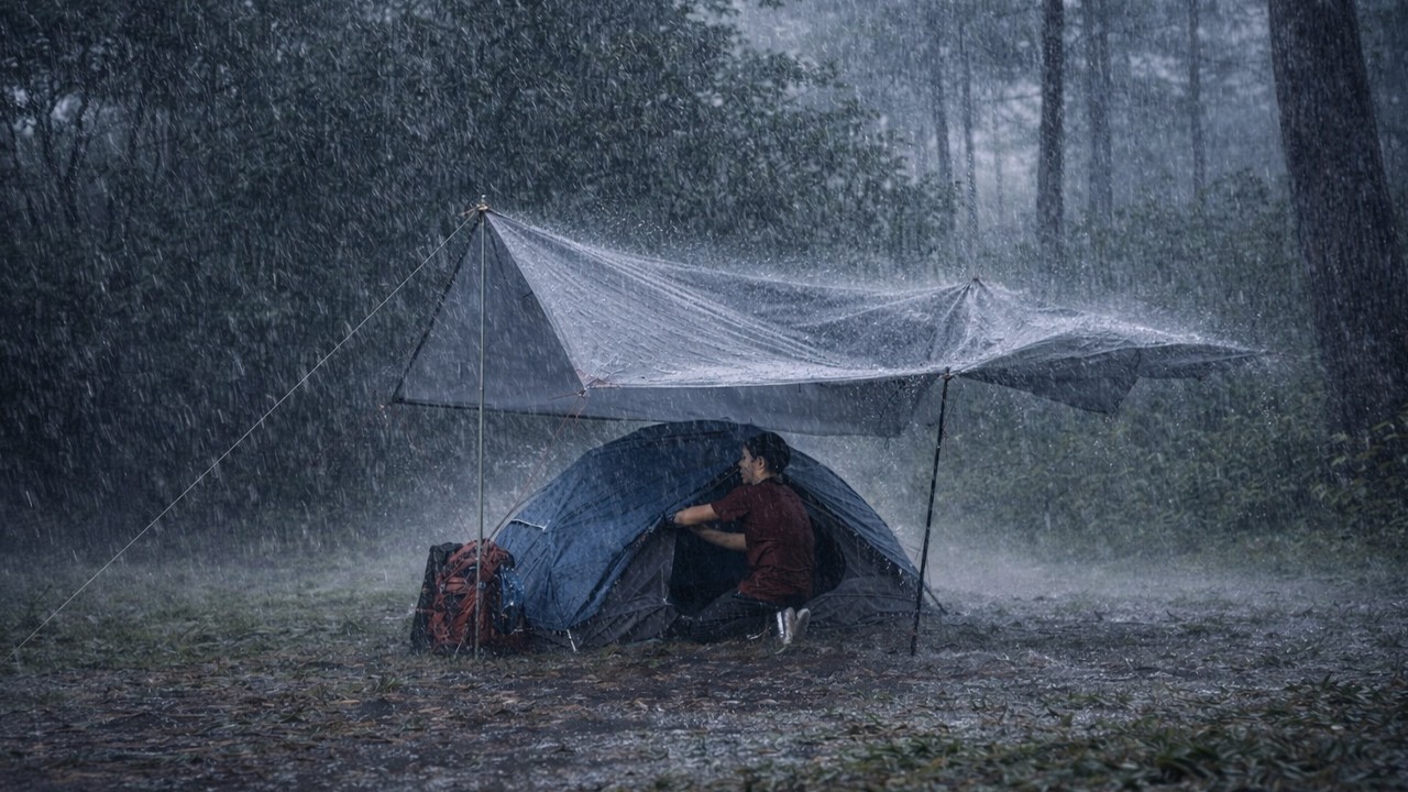 ENJOYING BAD WEATHER LIGHTNING STORMS AND VERY HEAVY RAIN ⛈️STRUGGLE TO BUILD SHELTER