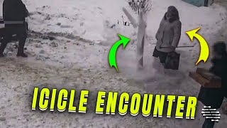 Falling Icicle Nearly Strikes and Elderly Woman Passing By