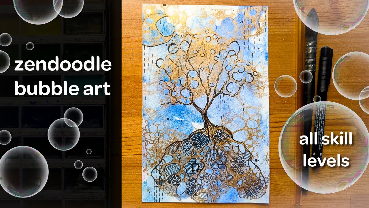 Zendoodle Bubble Art с акварелью и чернилами