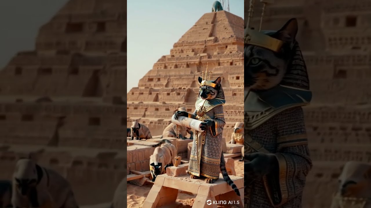An Egyptian Mau cat wearing an ancient Egyptian robe and a golden headdress is overseeing pyramid