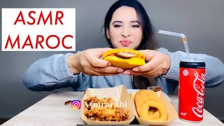 ASMR MAROC EATING CHICKEN WINGS WITH BUFFALO SAUCE AND ONIONS RINGS AND GRILLED CHEESE BURGER