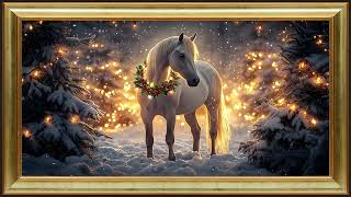 White Horse's Magical Christmas, Modern Art 4K | Gold Framed TV Art Screensaver