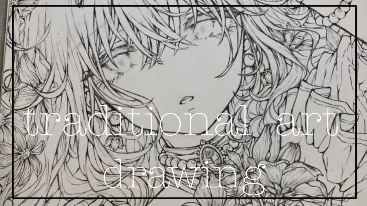 アナログイラストメイキング】儚げな女の子と花を描く【線画】 - YouTube