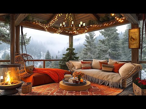 Smooth Jazz Music with Winter Cozy Terrace Ambience on Mountain | Fireplace, Candles and Snow Fall