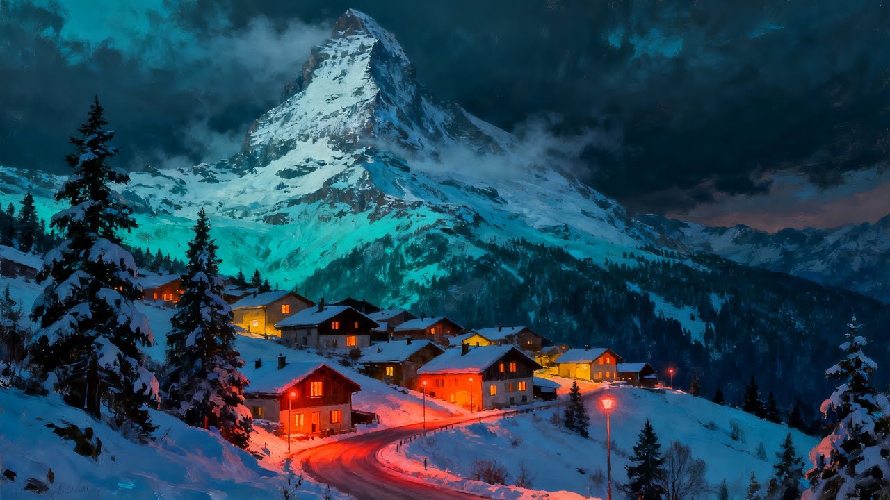 Deep Sleep Winter Ambience ❄️ Cozy Fireplace & Soft Wind in a Snowy Mountain Village
