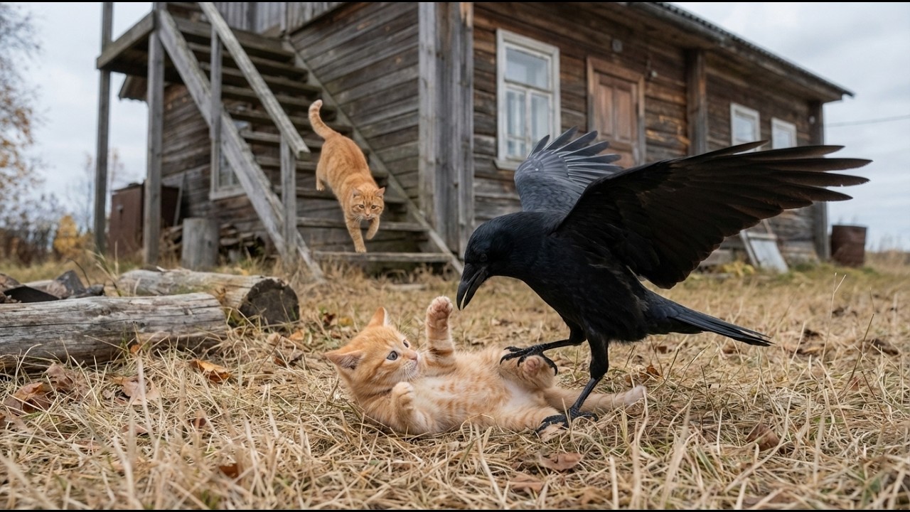 까마귀의 공격을 받는 약한 새끼 고양이 - 어미 고양이의 모성애