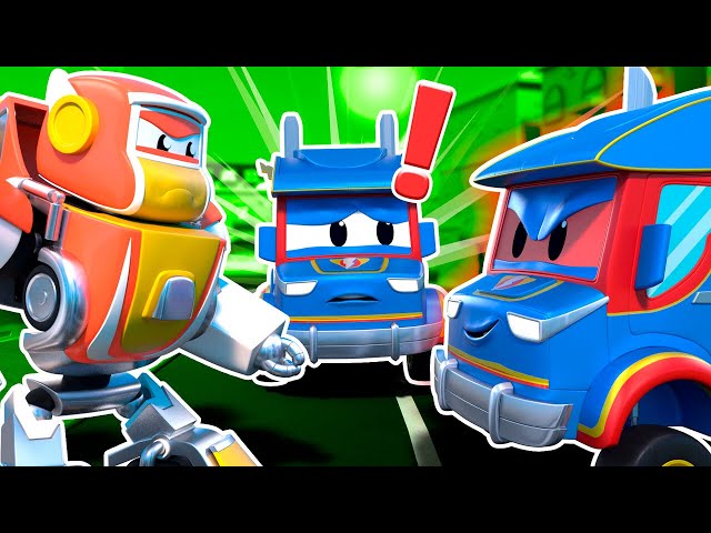 SUPERTRUCK’S EVIL TWIN is causing chaos! POLICE CAR to the rescue! | Super Robot Truck VS Evil Clone class=