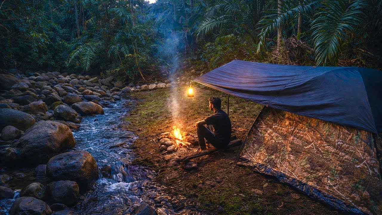 Solo Camping by a Small River | Campfire Cooking & Peaceful Night in Nature #camping #bushcraft