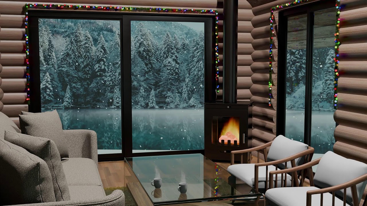🔥 Cozy Cabin Fireplace ❄️ Winter Forest  and Frozen Lake🏔️ Relaxing Fire Cracking 🔥