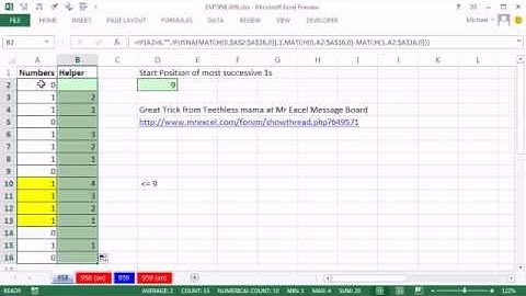 Excel Magic Trick 958: Start Position Of Most Consecutive Ones, Helper Column Method