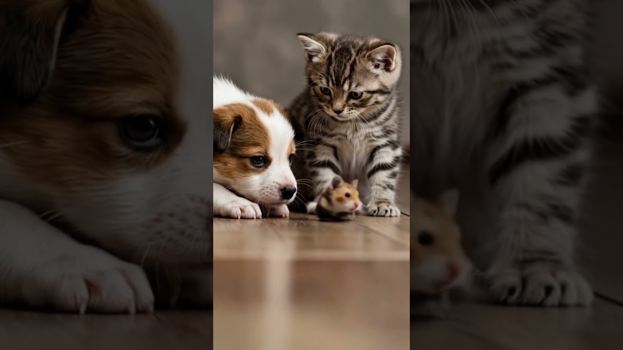 Unlikely Trio: Puppy, Kitten, and Hamster Play Together Peacefully