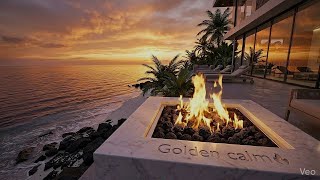 Luxury Sunset Beach Ambience 🔥 Ocean Waves & Fire Pit for Deep Relaxation and Sleep | Golden Calm