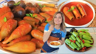 Assorted Stuffed Vegetables in Tomato Sauce: Zucchini, Pumpkin, and Eggplant