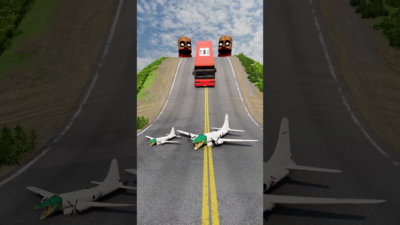 Red Coach Bus vs Bombardiro Crocodilo 3D Characters-BeamNG-Drive 
