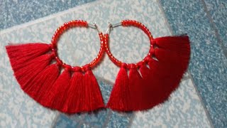D.i.y Red Hoop Tessel Earring.how To Make Silk Thread Earring How To Make Bead Earring