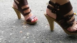 Goddess Lady L walking brown sexy high heels asphalt road (full video 1:50 min)