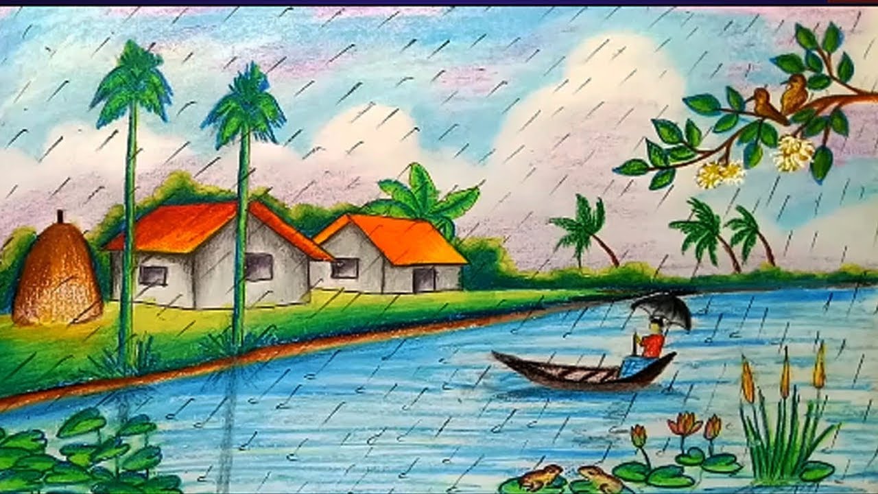 How to draw scenery of rainy season.Step by step(easy draw) YouTube