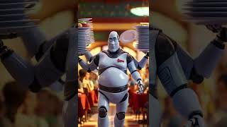 Funny 3D Robot Waiter Carrying Too Many Plates And Wobbling