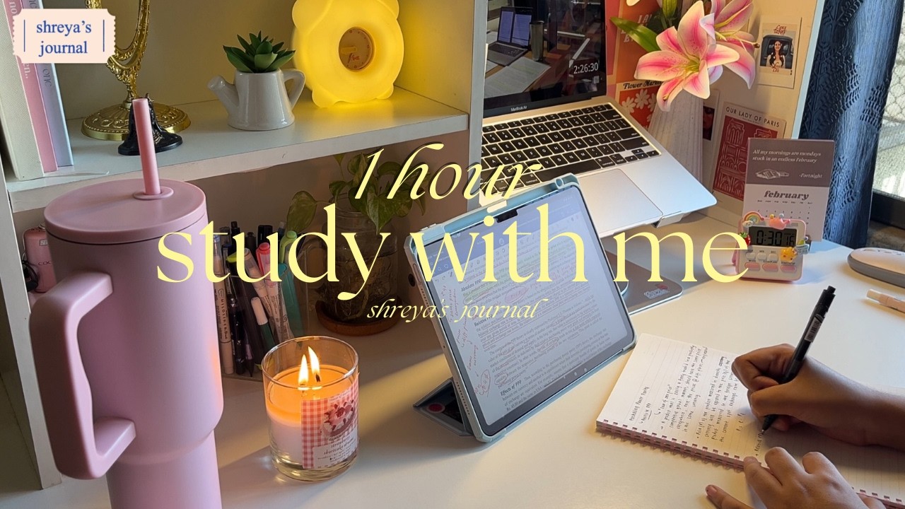 1hr study with me | cozy desk | soft-brown noise | aesthetic desk setup