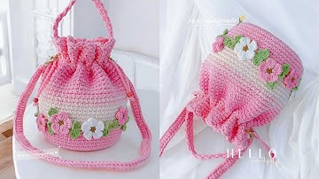 Móc Len Túi Rút Nhiều Hoa Đổi Màu Rất Xinh 🫶🏻 Crochet Drawstring Flower Bag Tutorial | Mimi Handmade