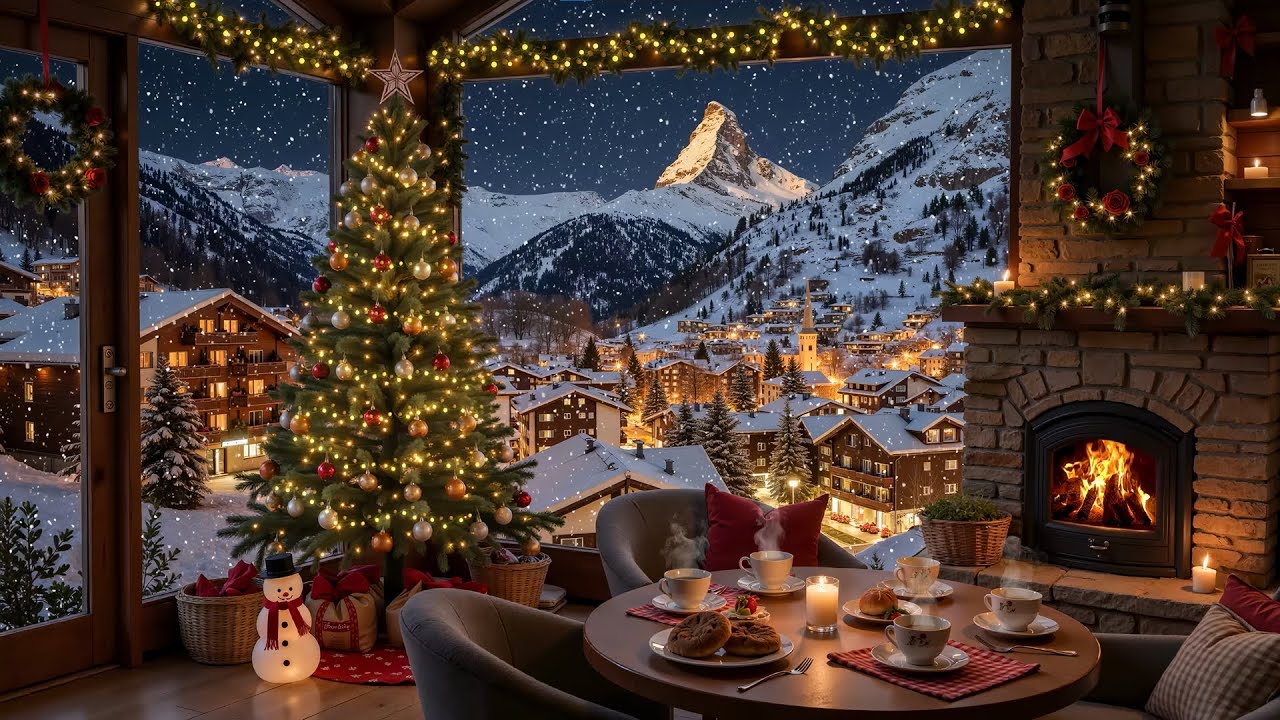 Warm Christmas Jazz in Switzerland 🎹 Calm Winter Jazz with Fire Crackling for Holiday Relaxation 🎄