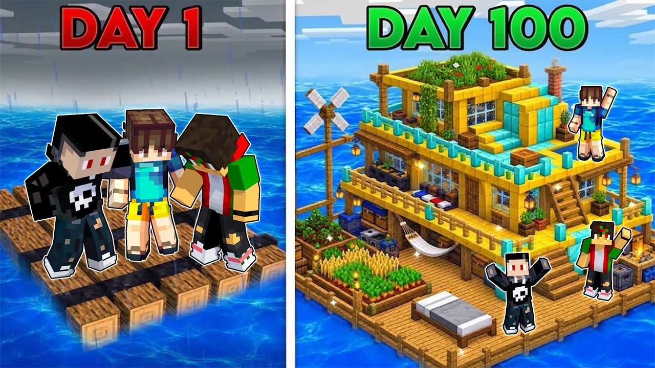100 Days on DEADLY RAFT with Friends in Minecraft!