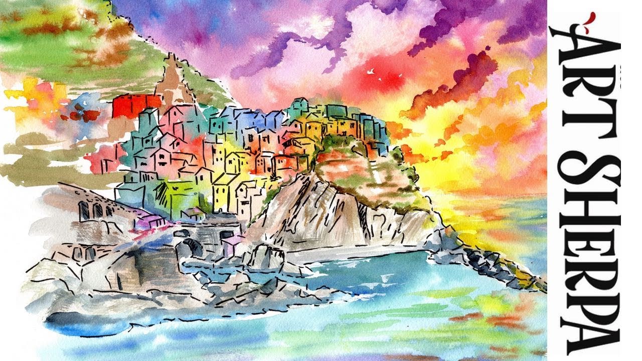 Manarola Village LINE and WASH Easy How to Paint Watercolor Step by step | The Art Sherpa - YouTube