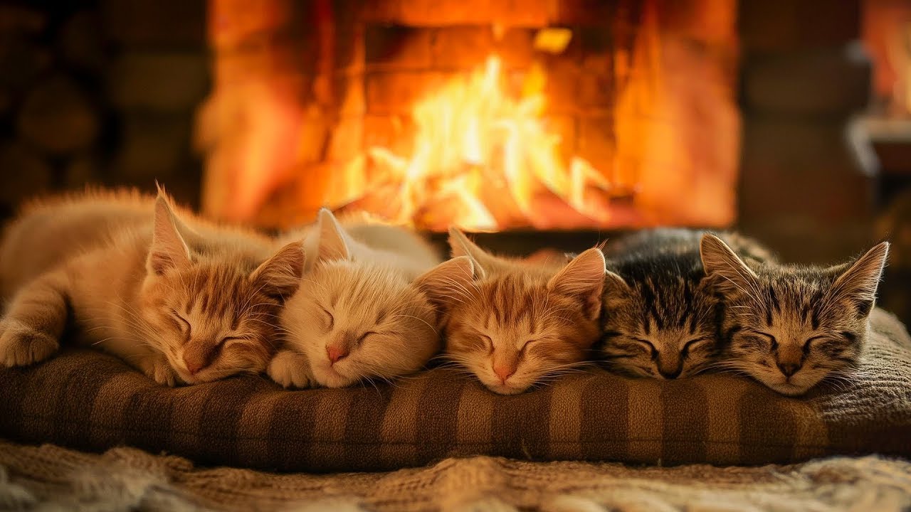 Cozy Room Ambience with Napping Cats 🔥 Sleep Instantly with Fireplace And Purr Sound