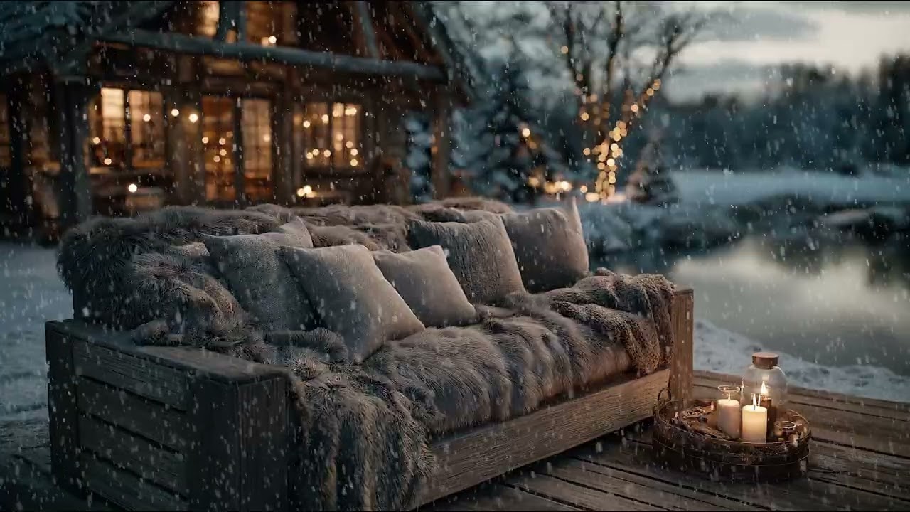 Cozy Living Room Sofas with Snow Falling Outside and Peaceful Piano Music for Deep Night Rest