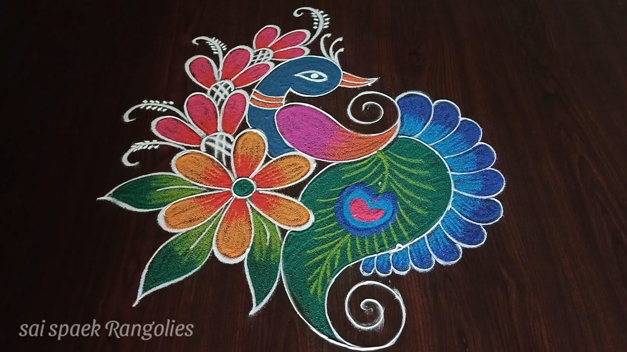 beautiful peacock rangoli (5*3) dots | mayil kolam | latest rangoli designs @saisparkrangolies