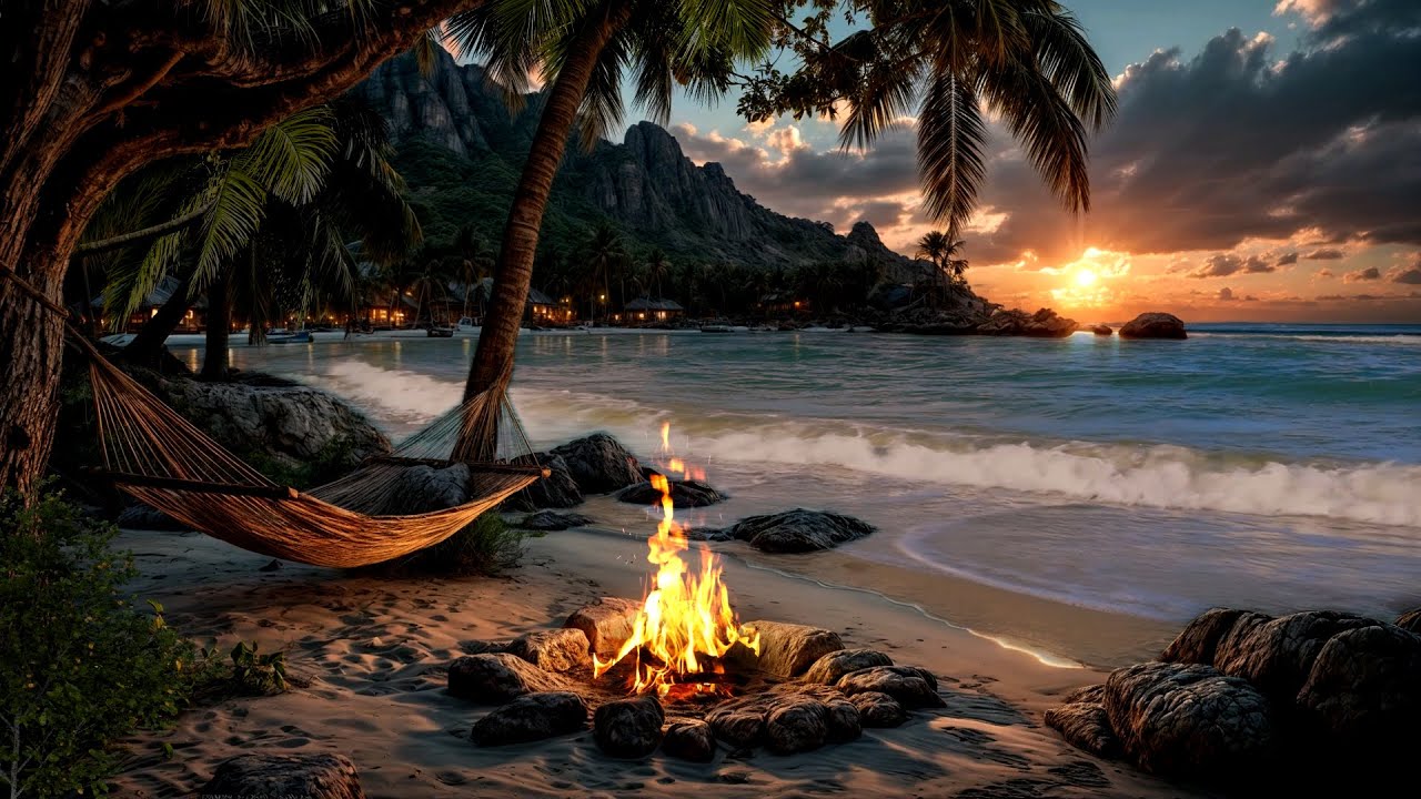 Golden Sunset Tranquility 🌅🌊 | Gentle Sea Breeze & Fire Sounds for Peaceful Evenings