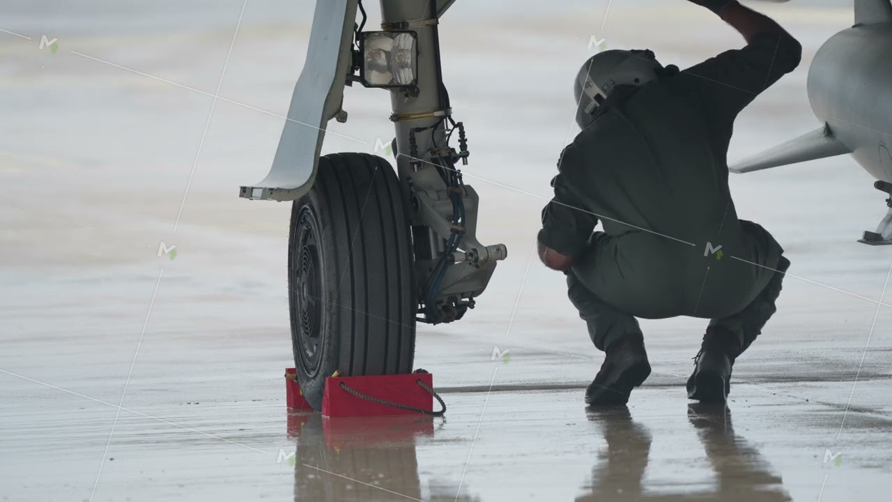 Ground crew securing aircraft landing gear