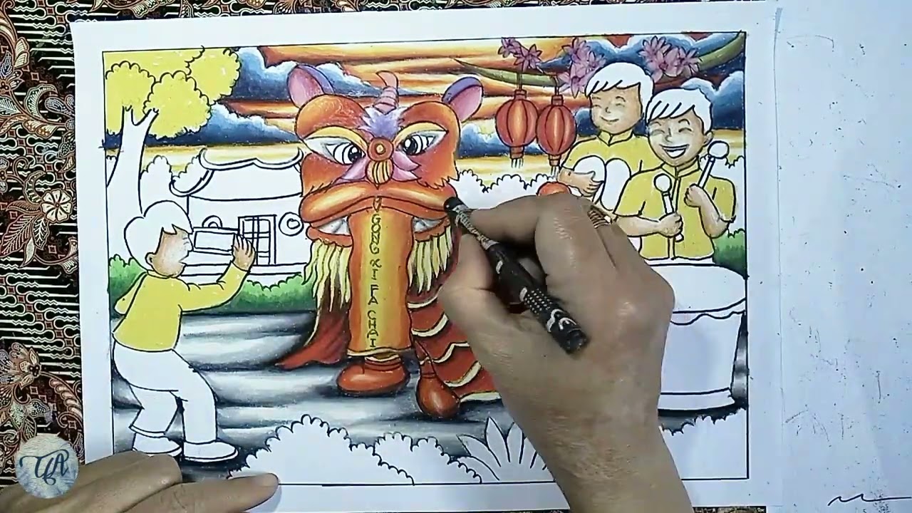 Menggambar & Mewarnai Tema Imlek (Barongsai) untuk SD dengan Carandache