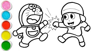 Cute Doraemon Playing With Pocoyo Drawing, Painting And Coloring For Kids And Toddlers Easy Drawing