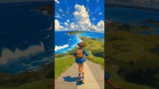 Anime Girl Riding Skateboard to Paradise 🌴 Cinematic Anime Journey 🛹 #asmr #anime ##calmvibes #viral