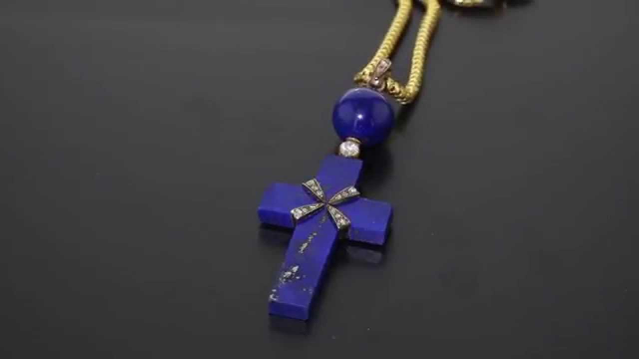 Early Victorian Lapiz Lazuli and Diamond Cross and Chain M987