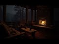 Heavy Rain & Thunder in A Warm Cabin | Fireplace Ambience For Sleep