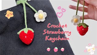 Crochet Strawberry Keychain 🍓| Strawberry & Flower Tutorial | Móc Móc Khoá Dâu Tây